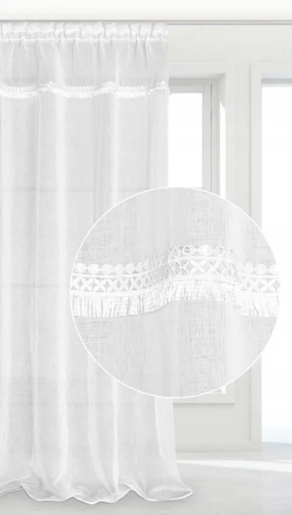 Firana 140 x 270 Dekoracyjna Boho Taśma Biały